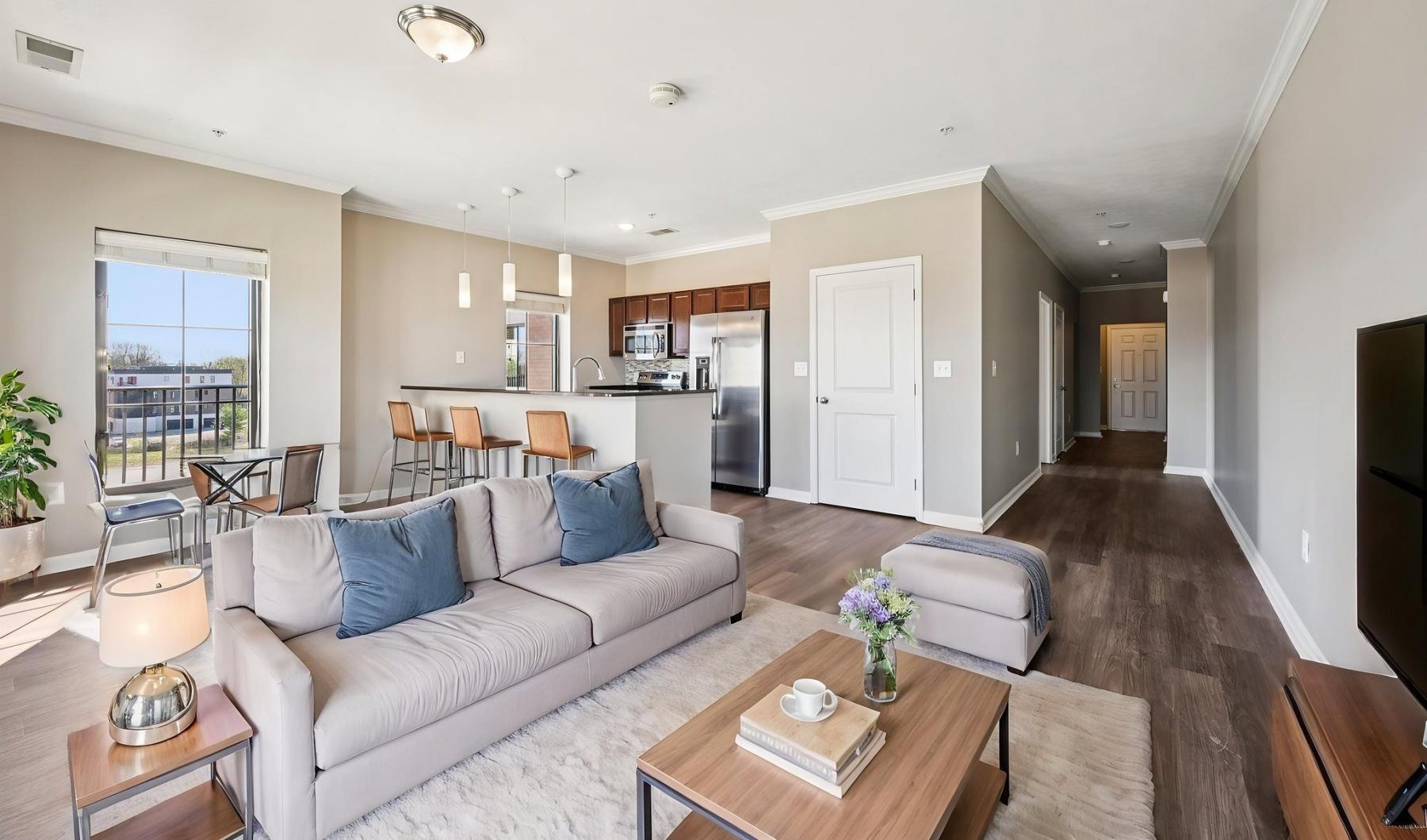 a living room with a couch and a coffee table