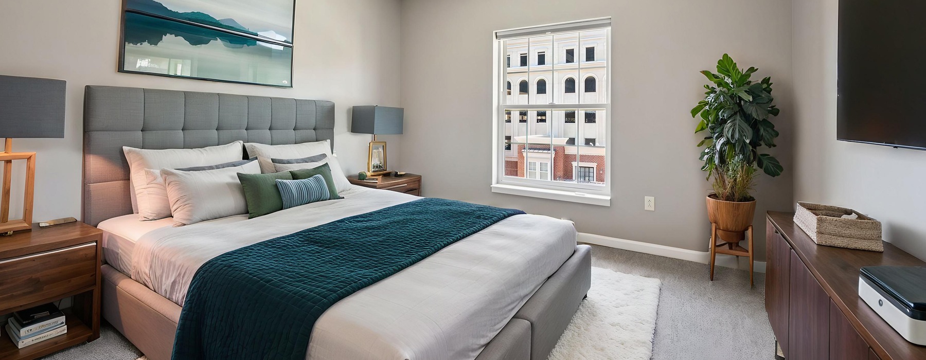 bedroom with a bed and a large plant